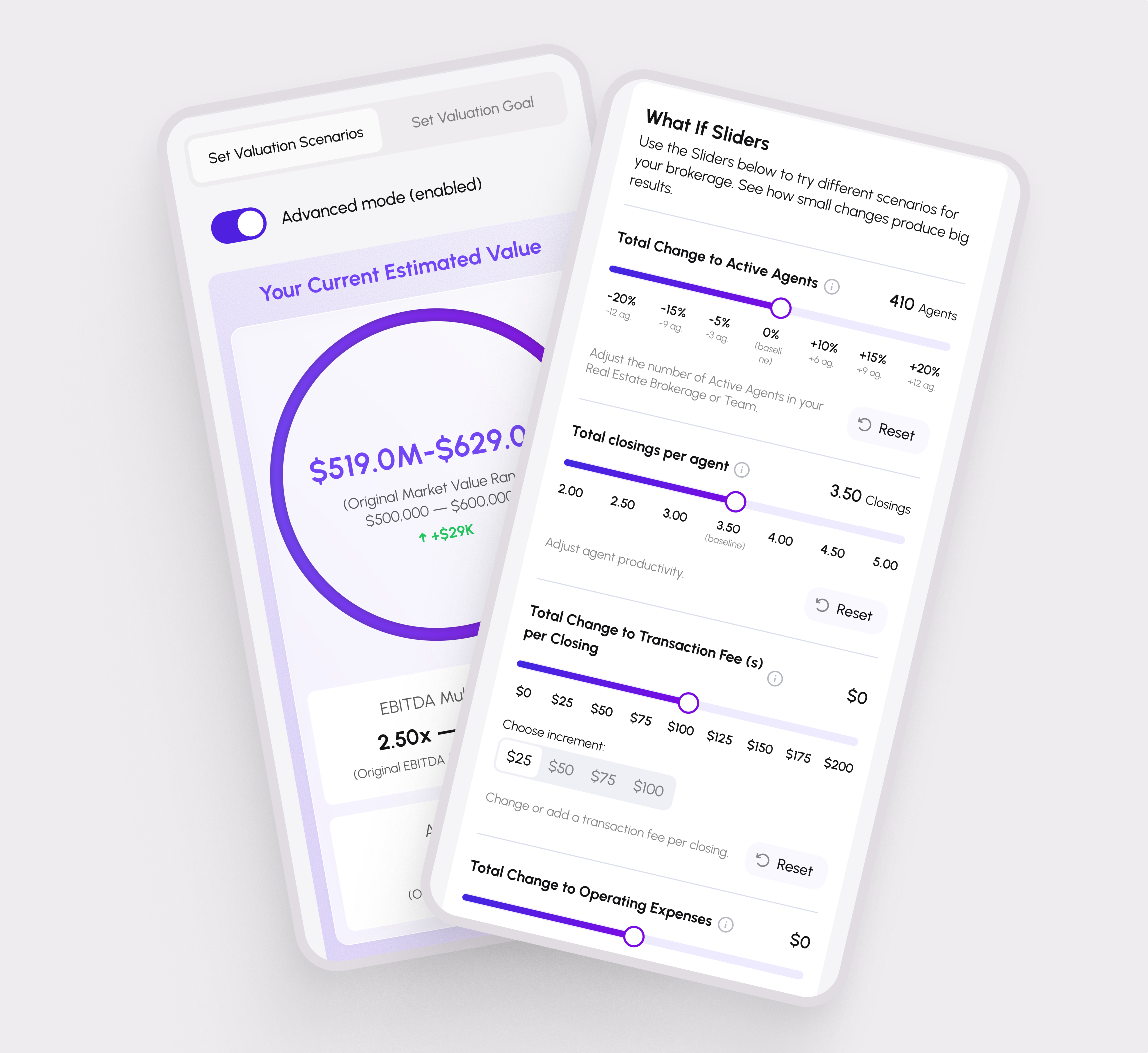 FIJI Insights dashboard showing estimated valuation range, performance-driver sliders, and key metrics