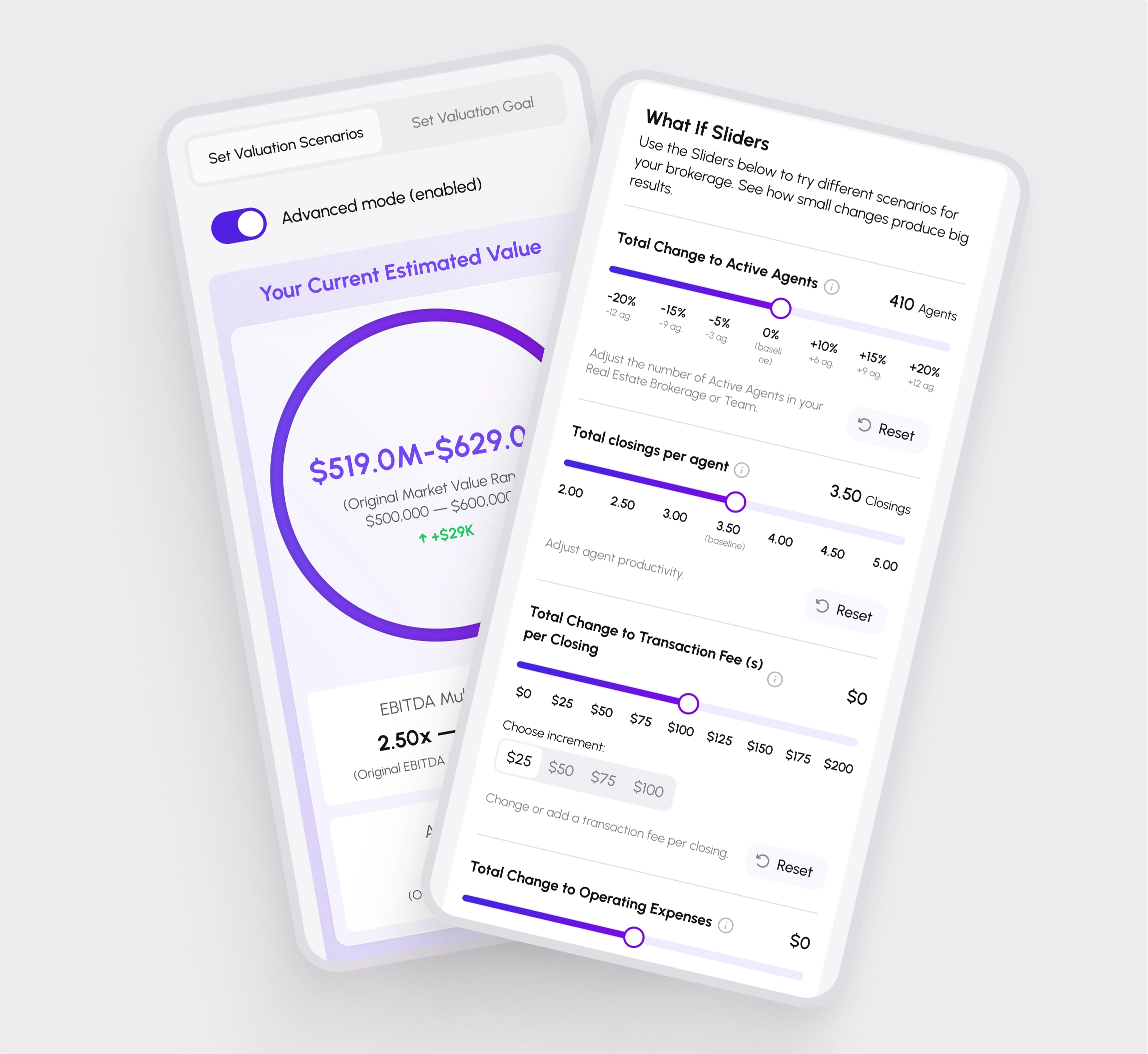 FIJI Insights dashboard showing estimated valuation range, performance-driver sliders, and key metrics