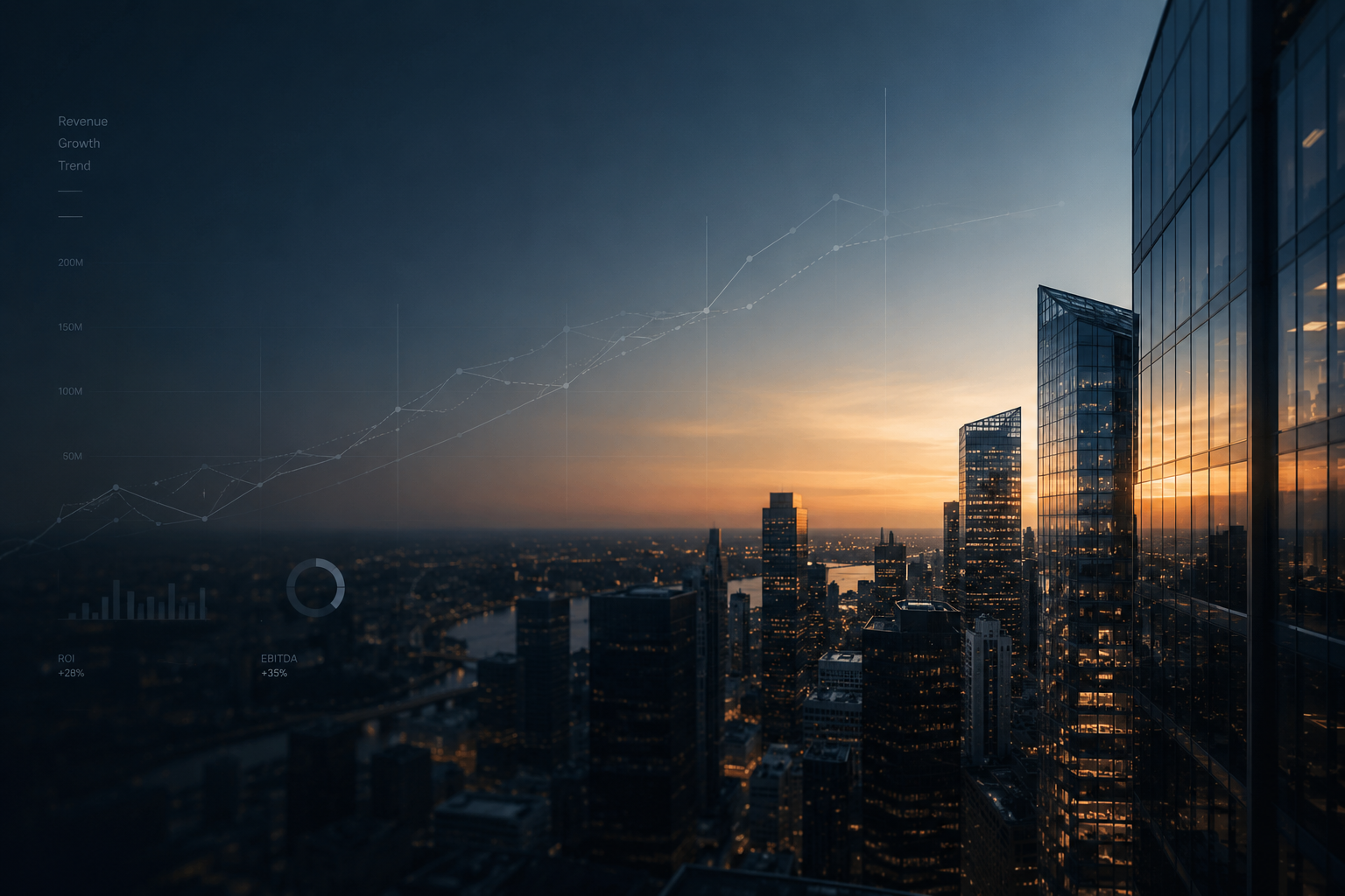 City skyline at sunset with white financial data overlays — upward trend line, revenue and growth labels, ROI and EBITDA metrics