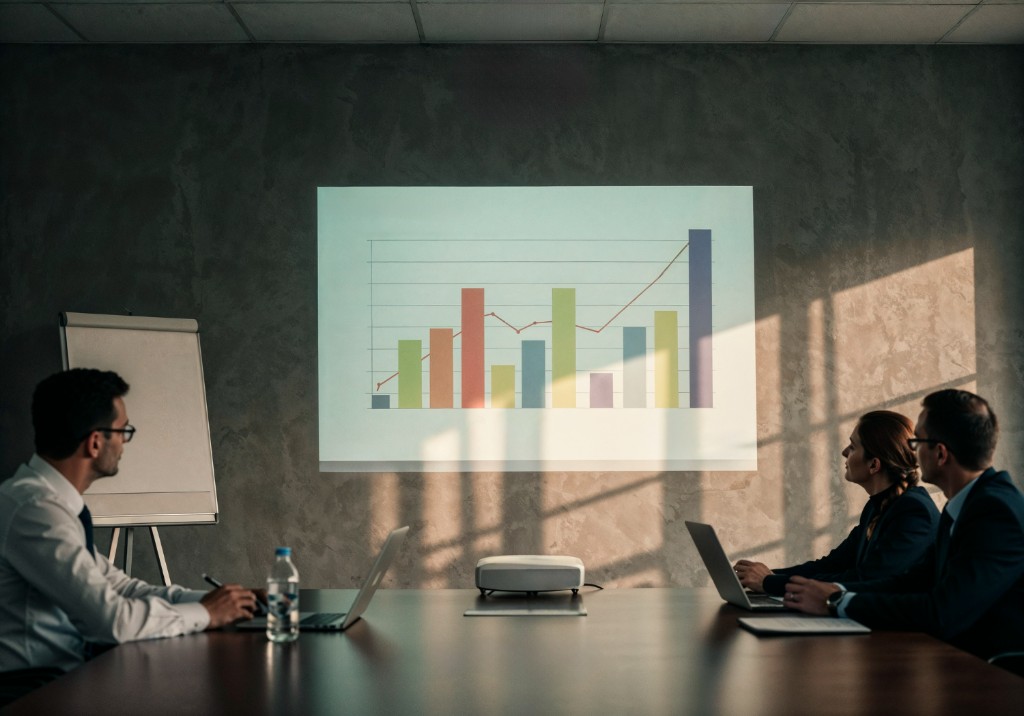 Business professionals in a meeting viewing a projected chart with bar graphs and an upward-trending line graph
